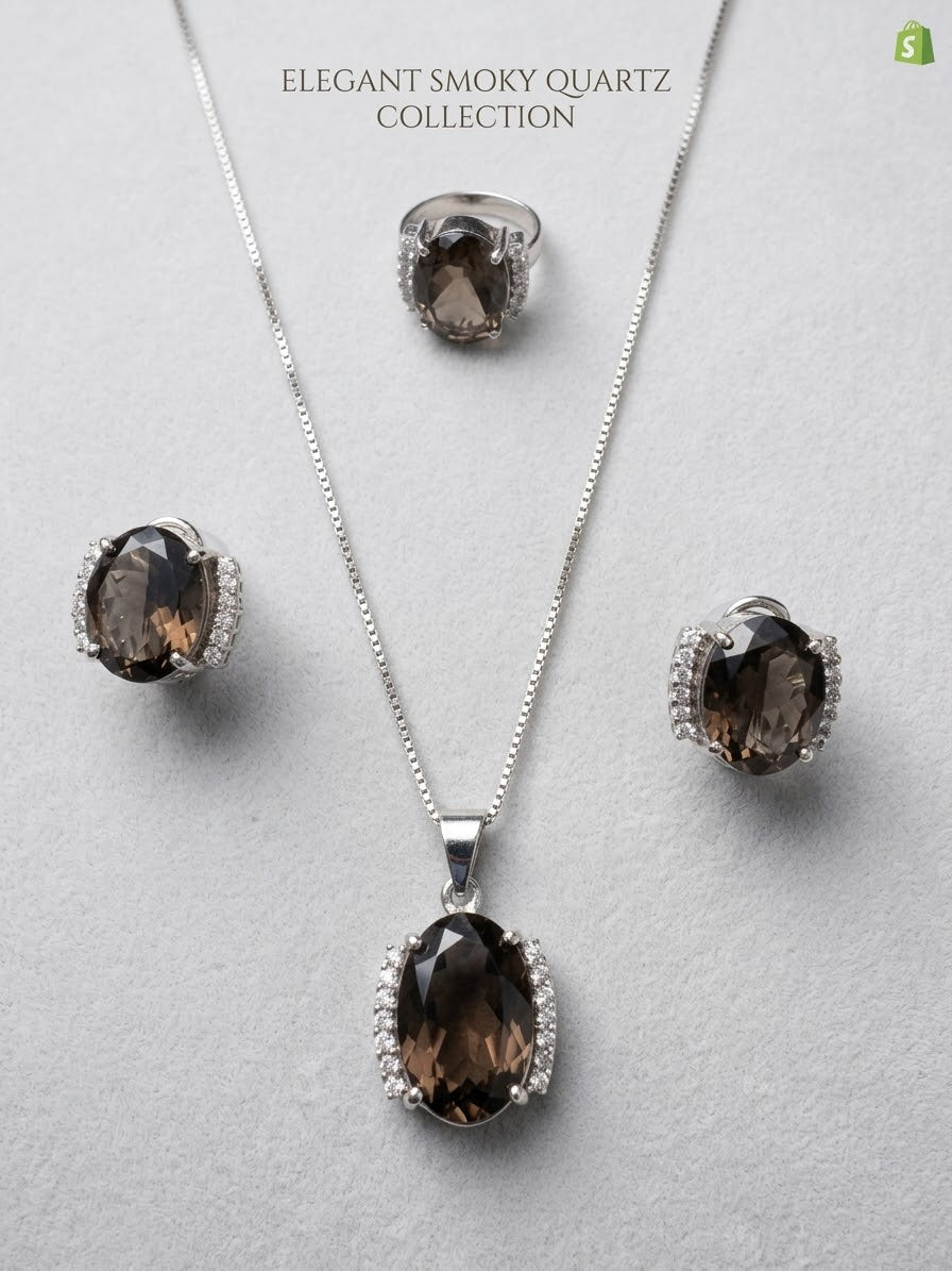 Niz & Aly smoky quartz jewelry set featuring a faceted brown gemstone pendant, matching earrings, and a ring.