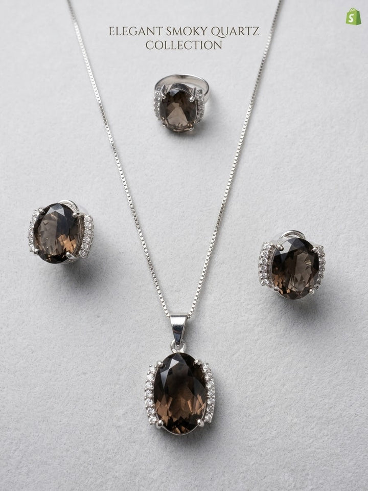Niz & Aly smoky quartz jewelry set featuring a faceted brown gemstone pendant, matching earrings, and a ring.