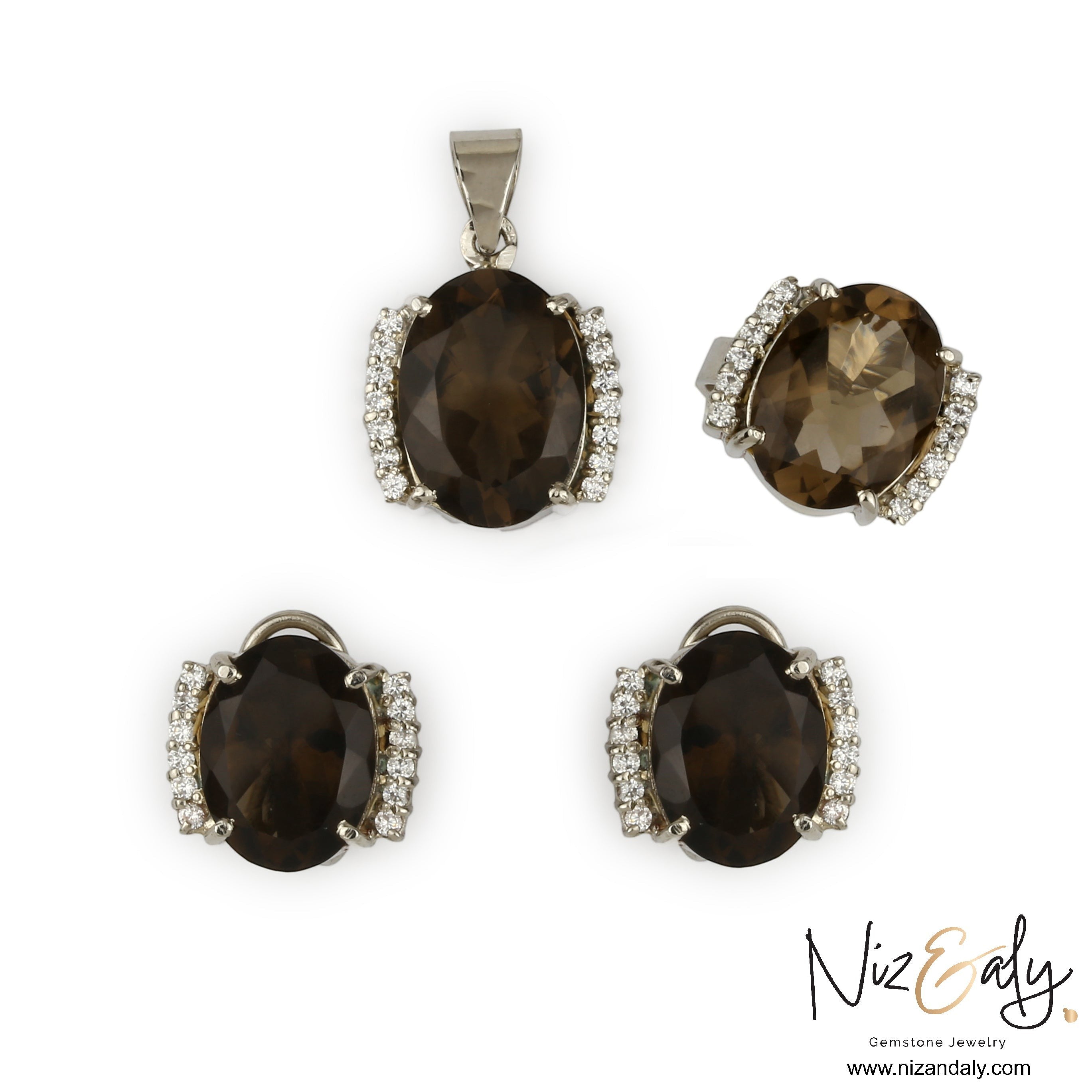 Niz & Aly smoky quartz pendant and earring set featuring oval brown gemstones with sparkling white stone accents