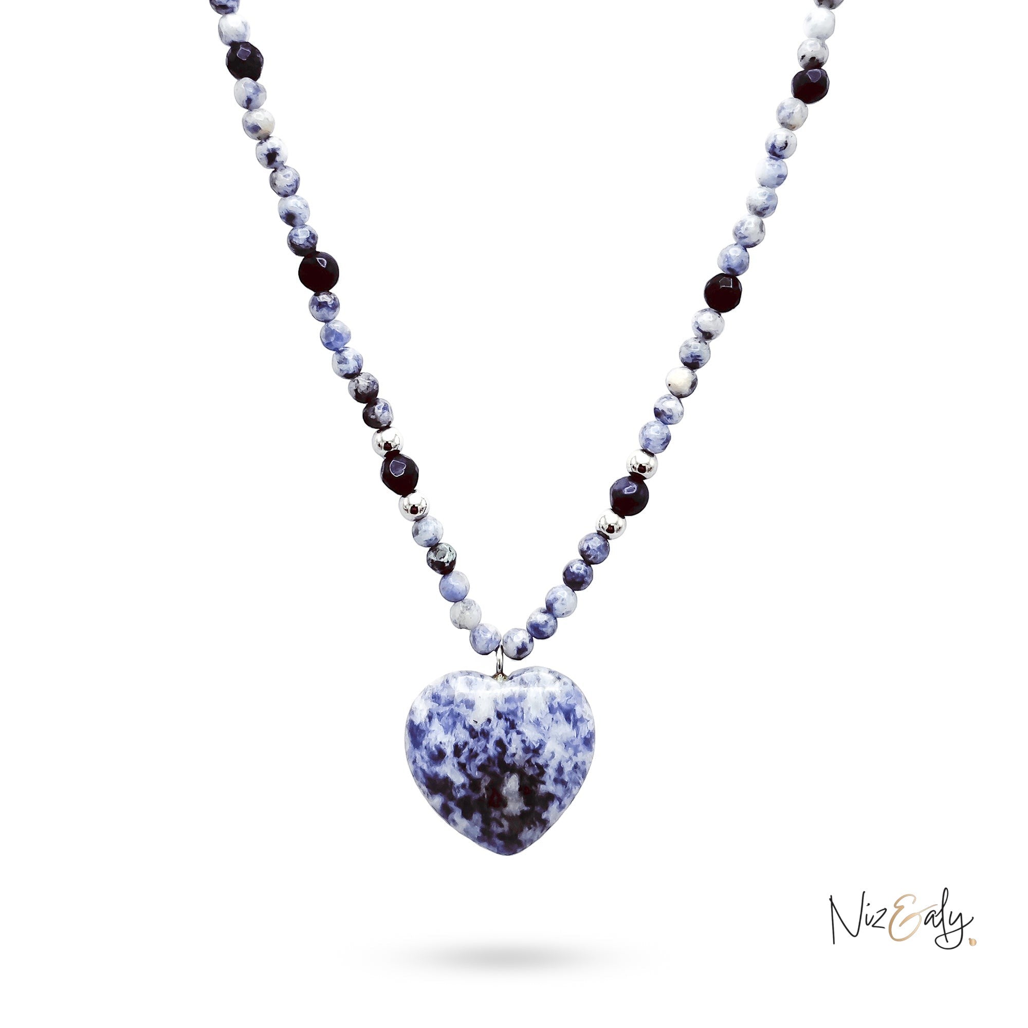 Niz & Aly sodalite heart pendant necklace with natural blue stone beads and silver accents on a white background.