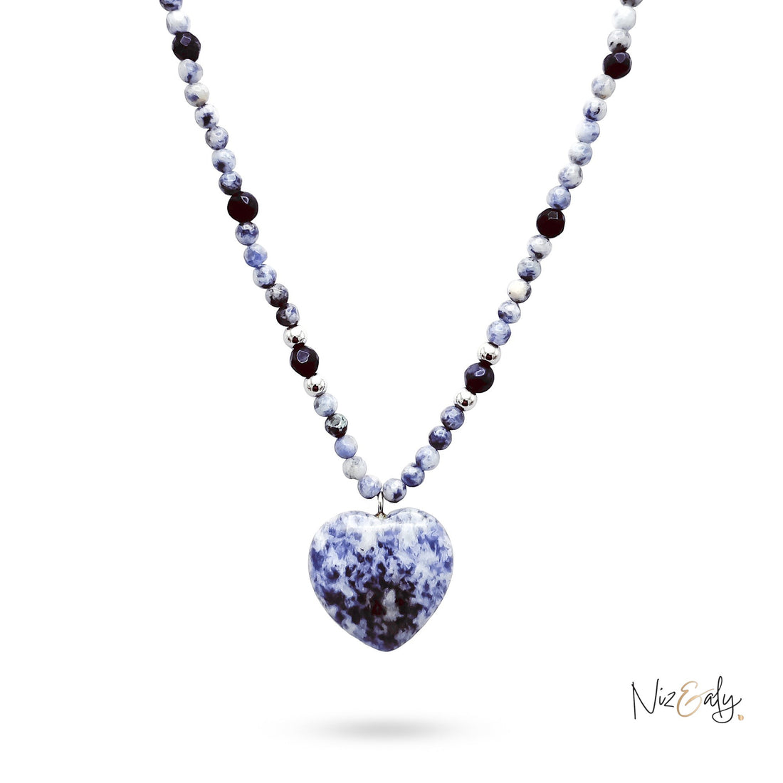 Niz & Aly sodalite heart pendant necklace with natural blue stone beads and silver accents on a white background.