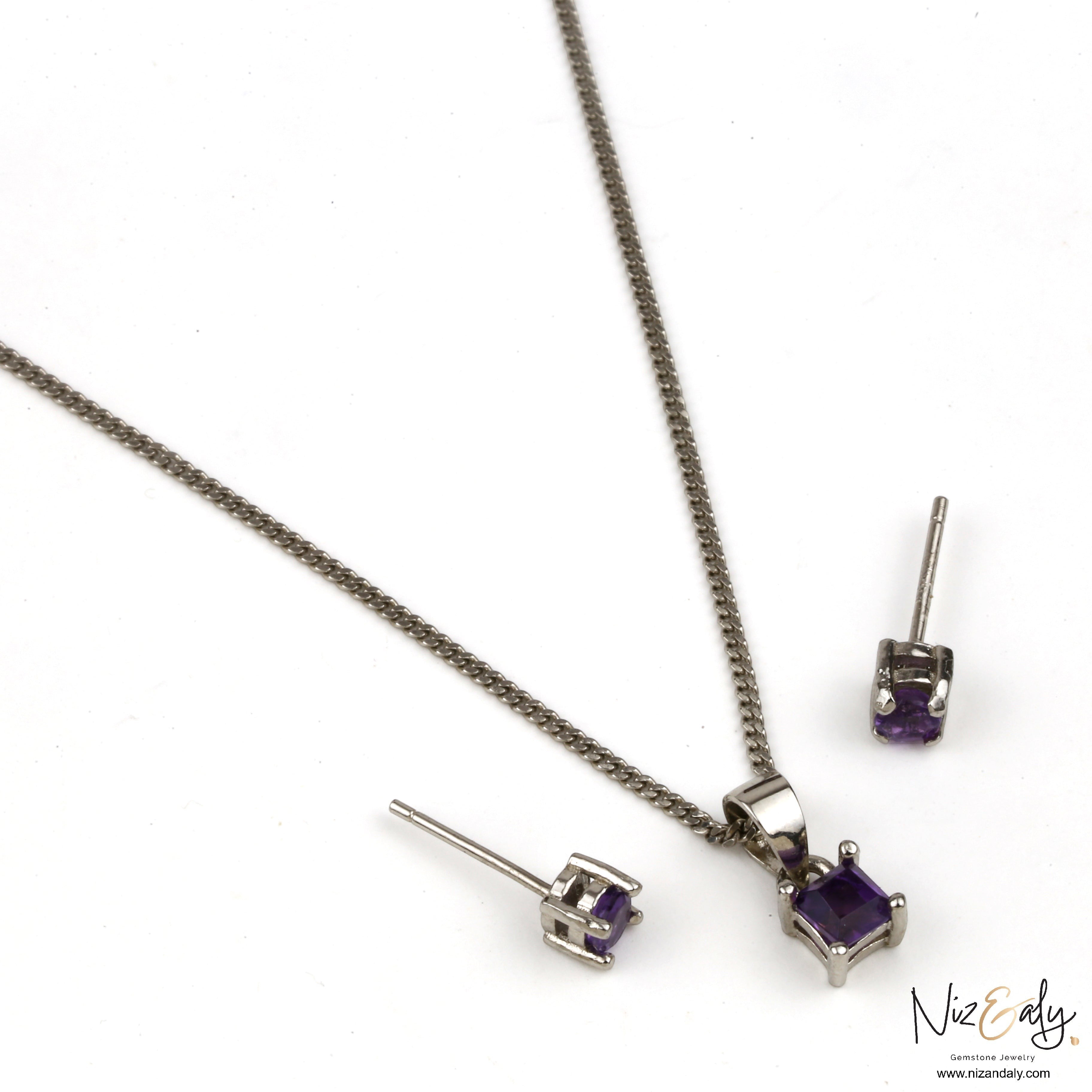 Niz & Aly dainty square amethyst pendant necklace and stud earrings set in silver-tone metal on white background