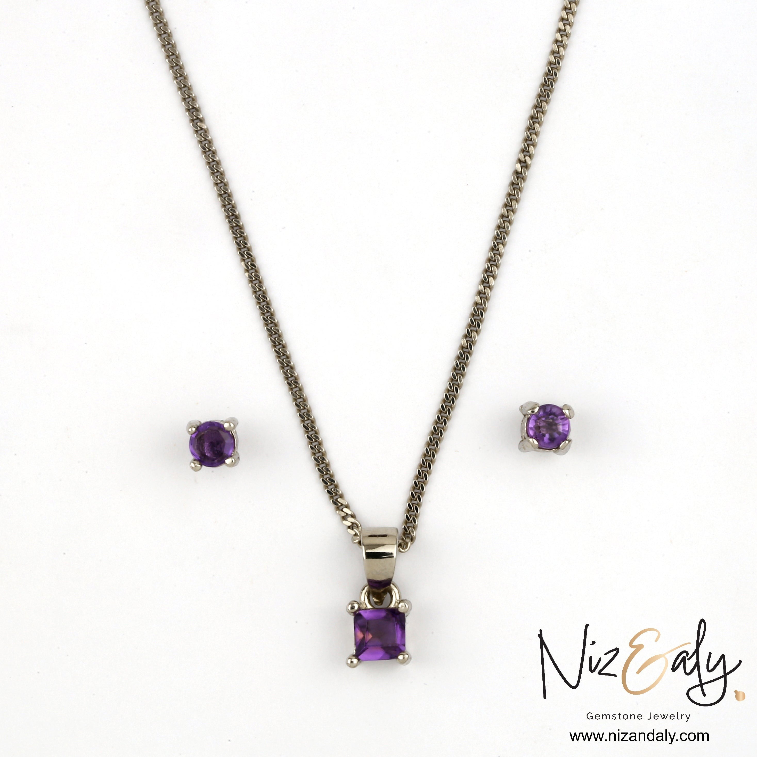 Niz & Aly dainty square amethyst pendant necklace and stud earring set in silver setting