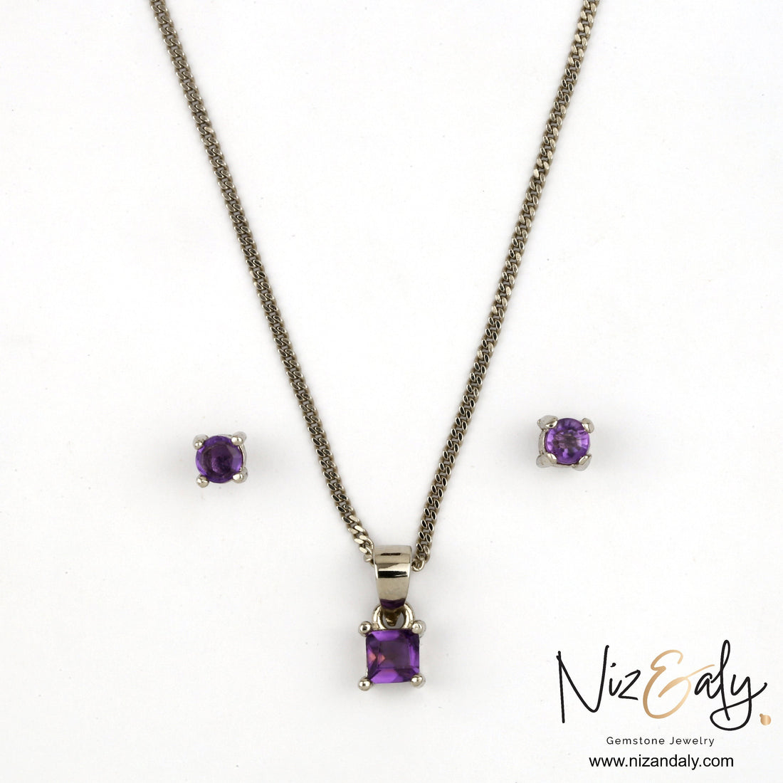 Niz & Aly dainty square amethyst pendant necklace and stud earring set in silver setting