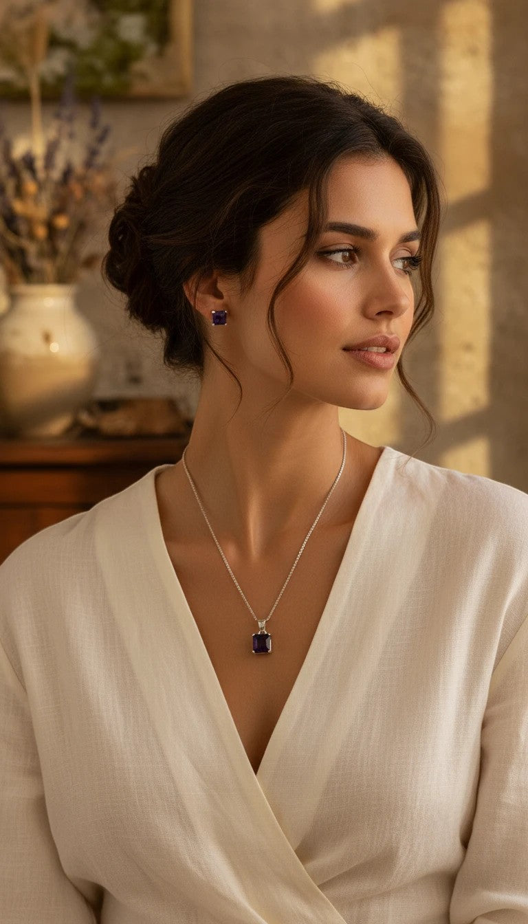 Niz & Aly square-cut amethyst pendant and matching stud earrings worn by a woman in a white blouse.