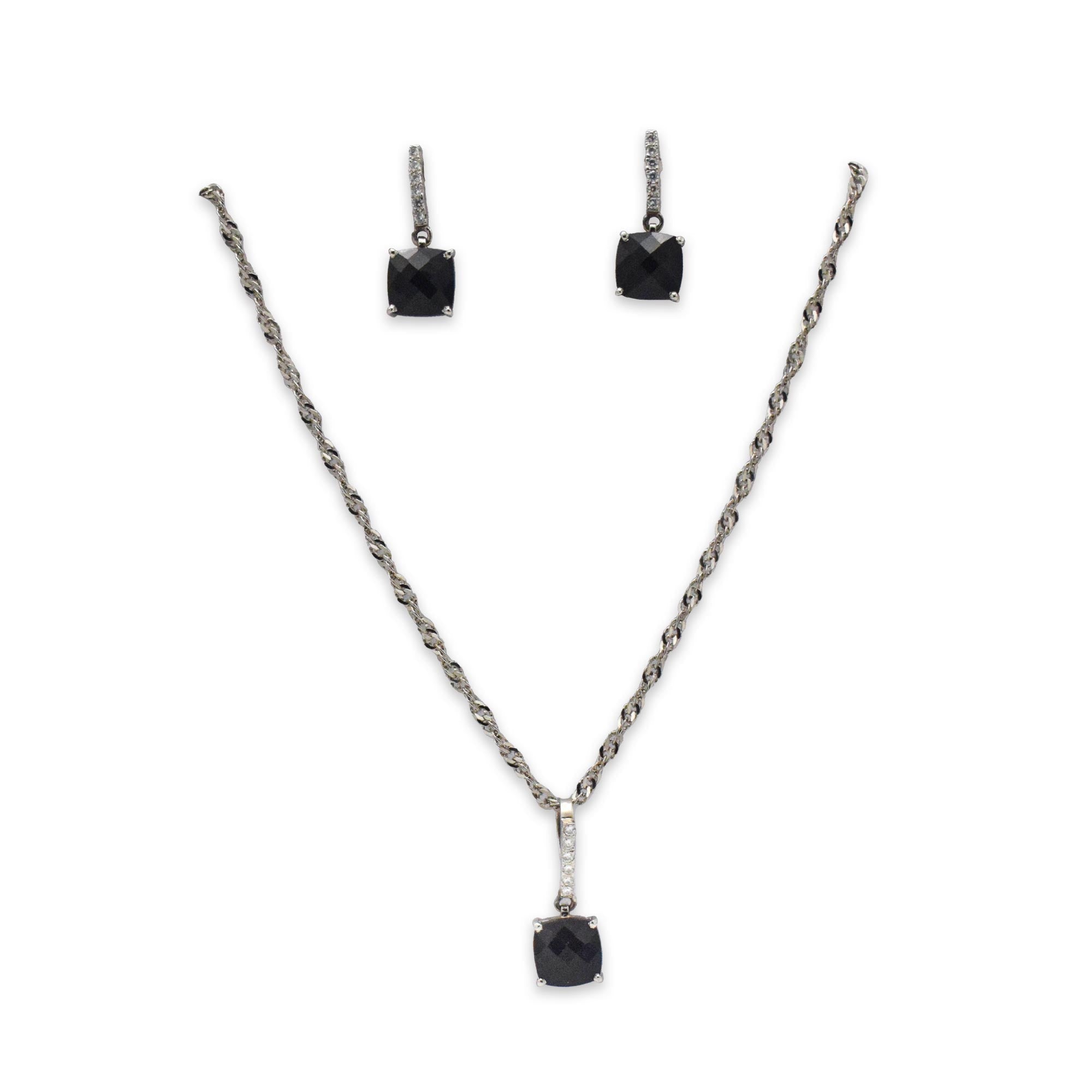 Niz & Aly square black onyx pendant and earring set with silver rope chain and sparkling stone accents