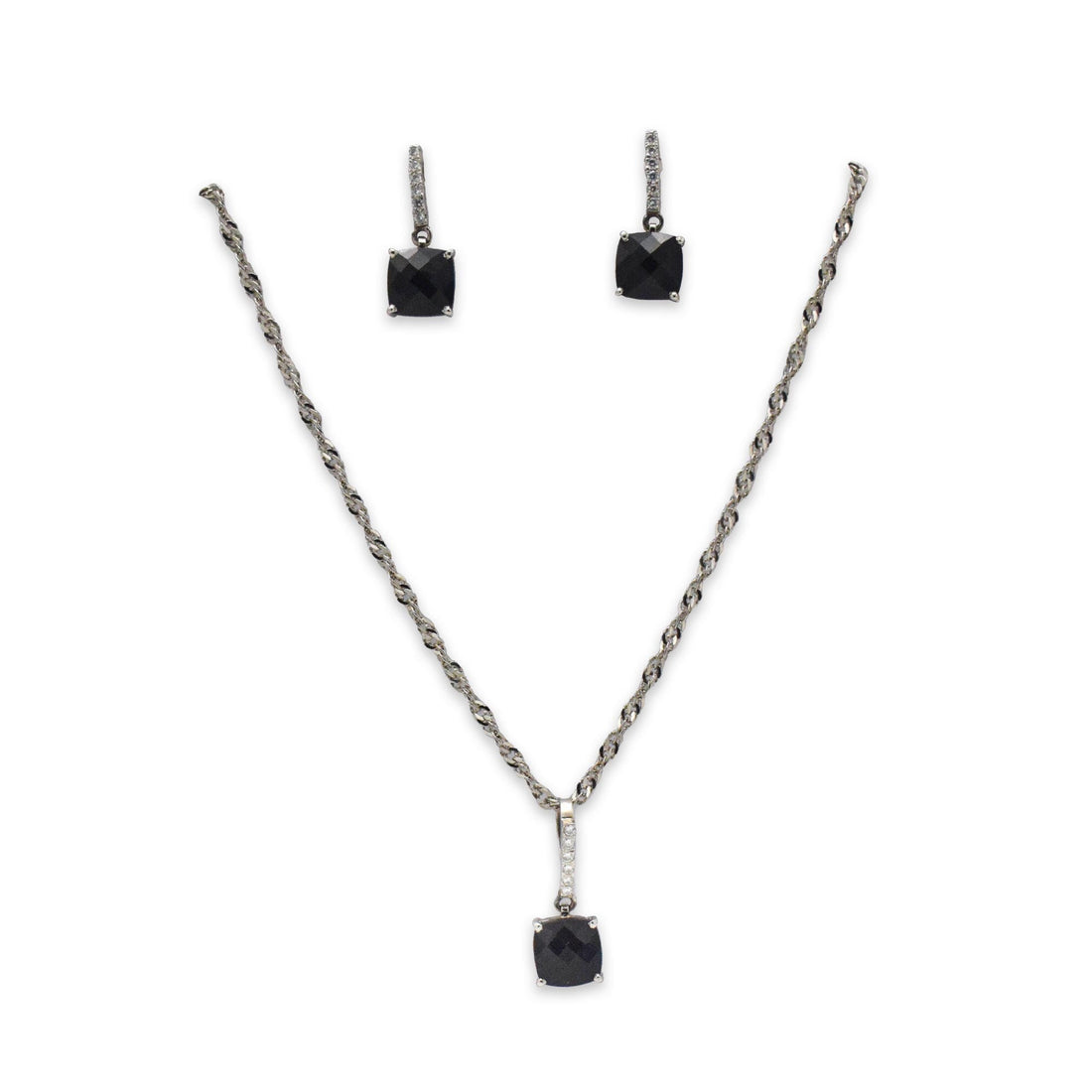 Niz & Aly square black onyx pendant and earring set with silver rope chain and sparkling stone accents