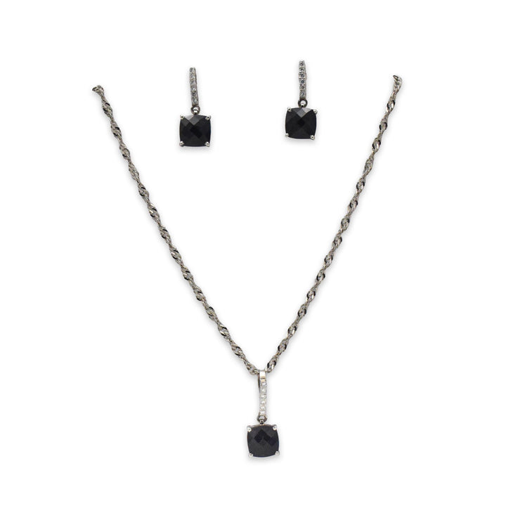 Niz & Aly square black onyx pendant and earring set with silver rope chain and sparkling stone accents