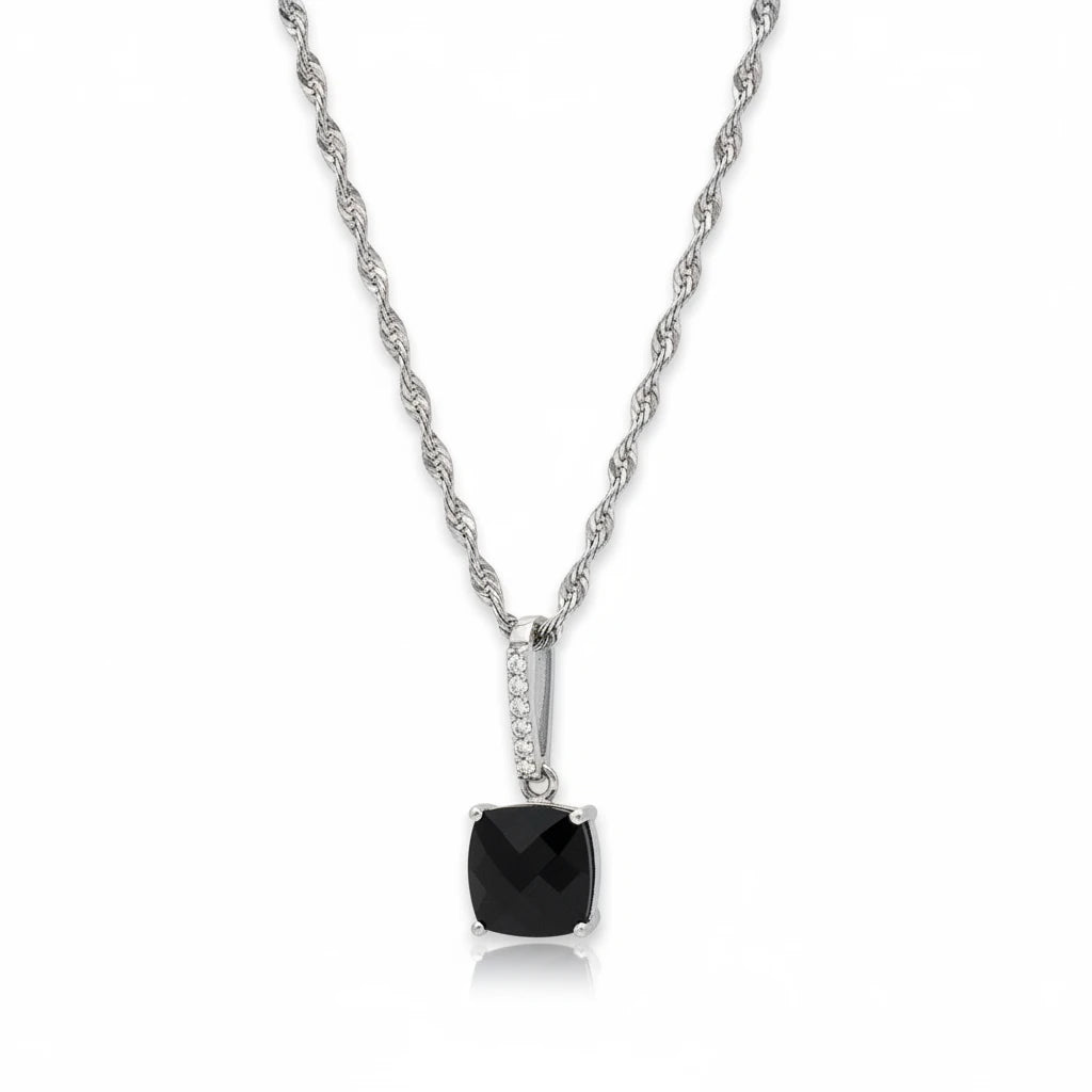Niz & Aly square black onyx pendant on a silver rope chain with diamond accents