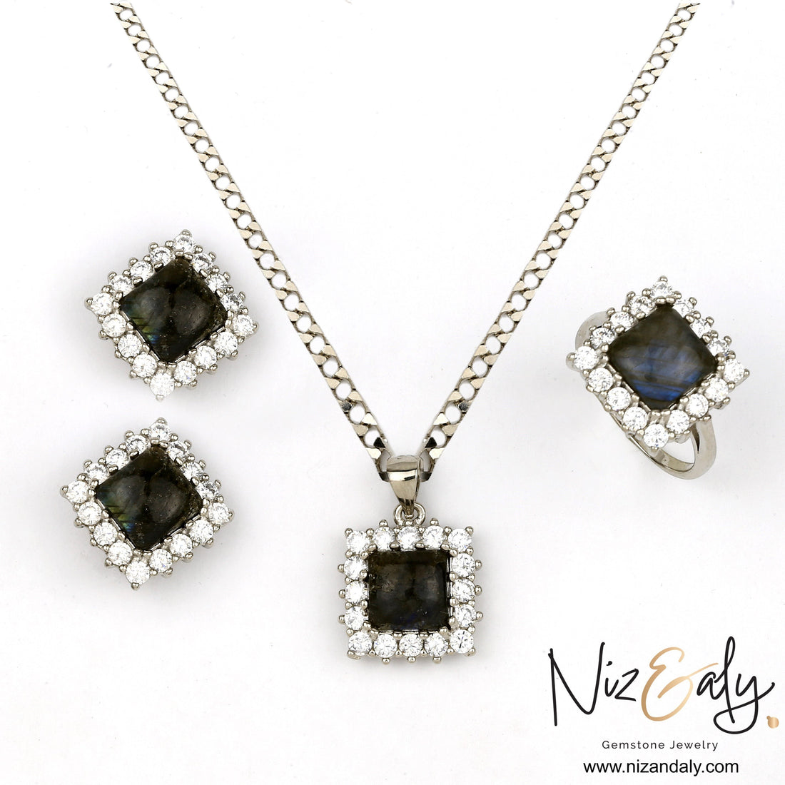 Niz & Aly square labradorite pendant, earring, and ring set featuring blue flash gemstones with sparkling halo settings.