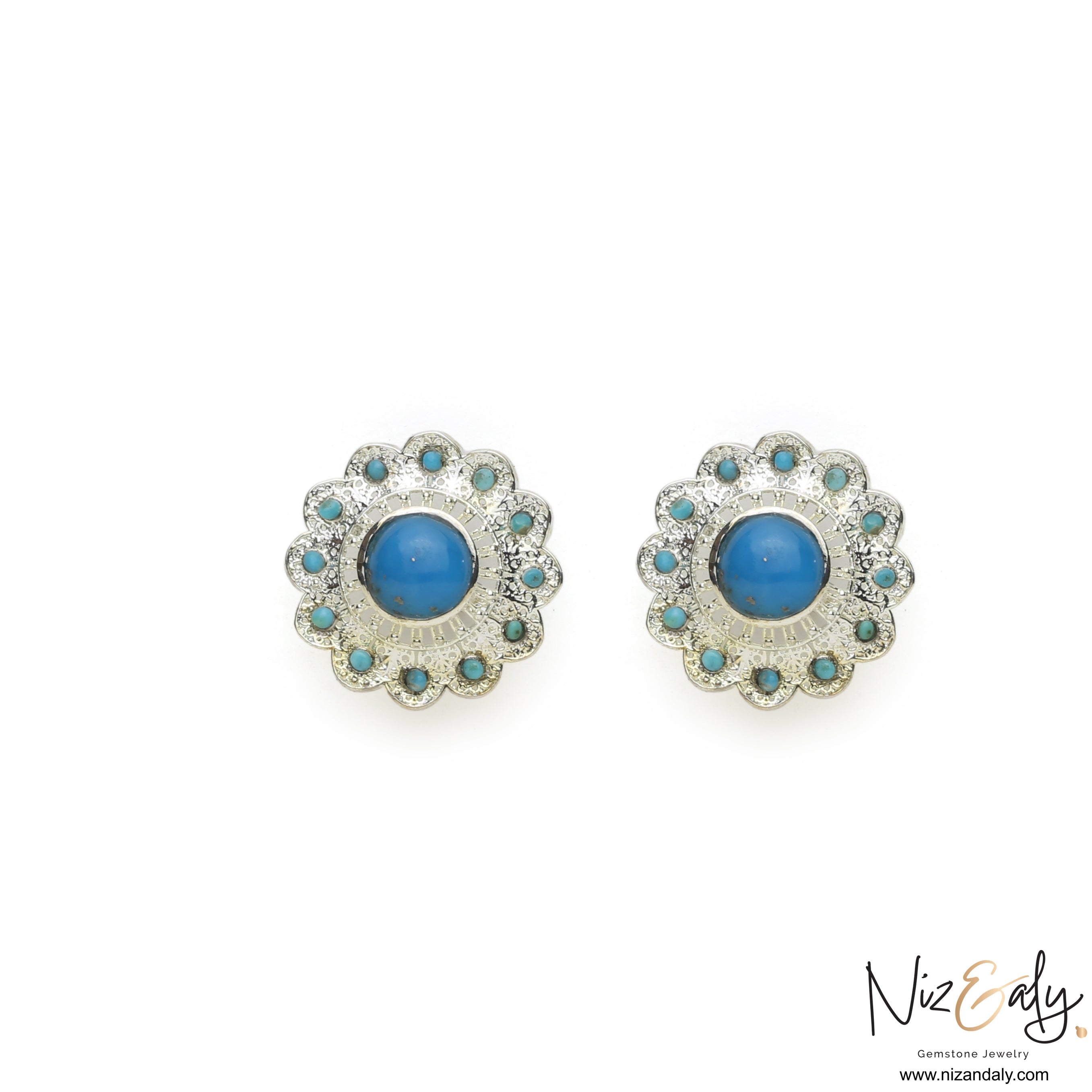 Niz & Aly sterling silver earrings featuring a central blue turquoise stone surrounded by a floral halo of small turquoise