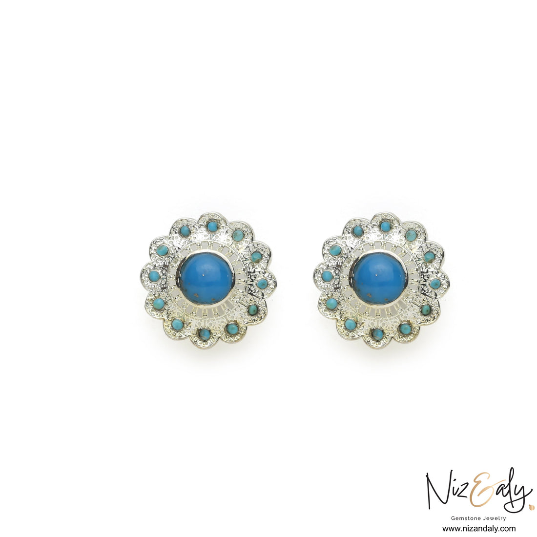 Niz & Aly sterling silver earrings featuring a central blue turquoise stone surrounded by a floral halo of small turquoise