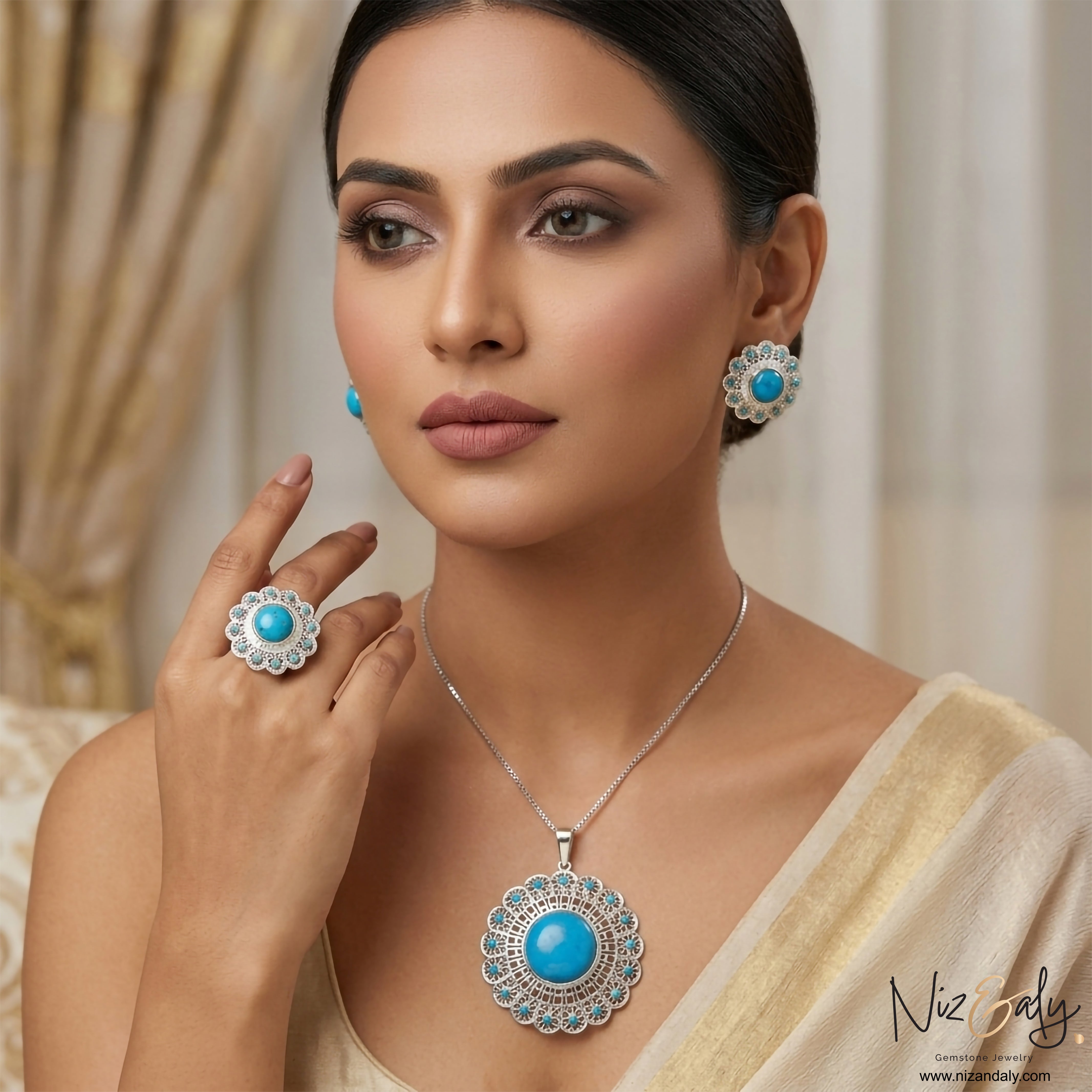 Niz & Aly sterling silver turquoise jewelry set featuring a floral pendant, matching earrings, and a statement ring.