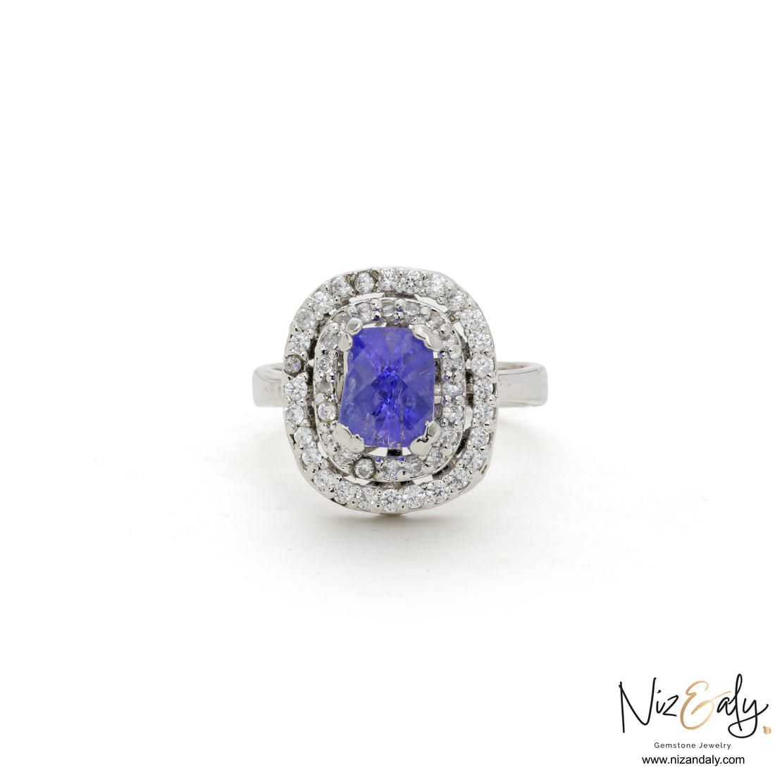 Niz & Aly lavender blue tanzanite ring in sterling silver with a double halo of sparkling white accent stones