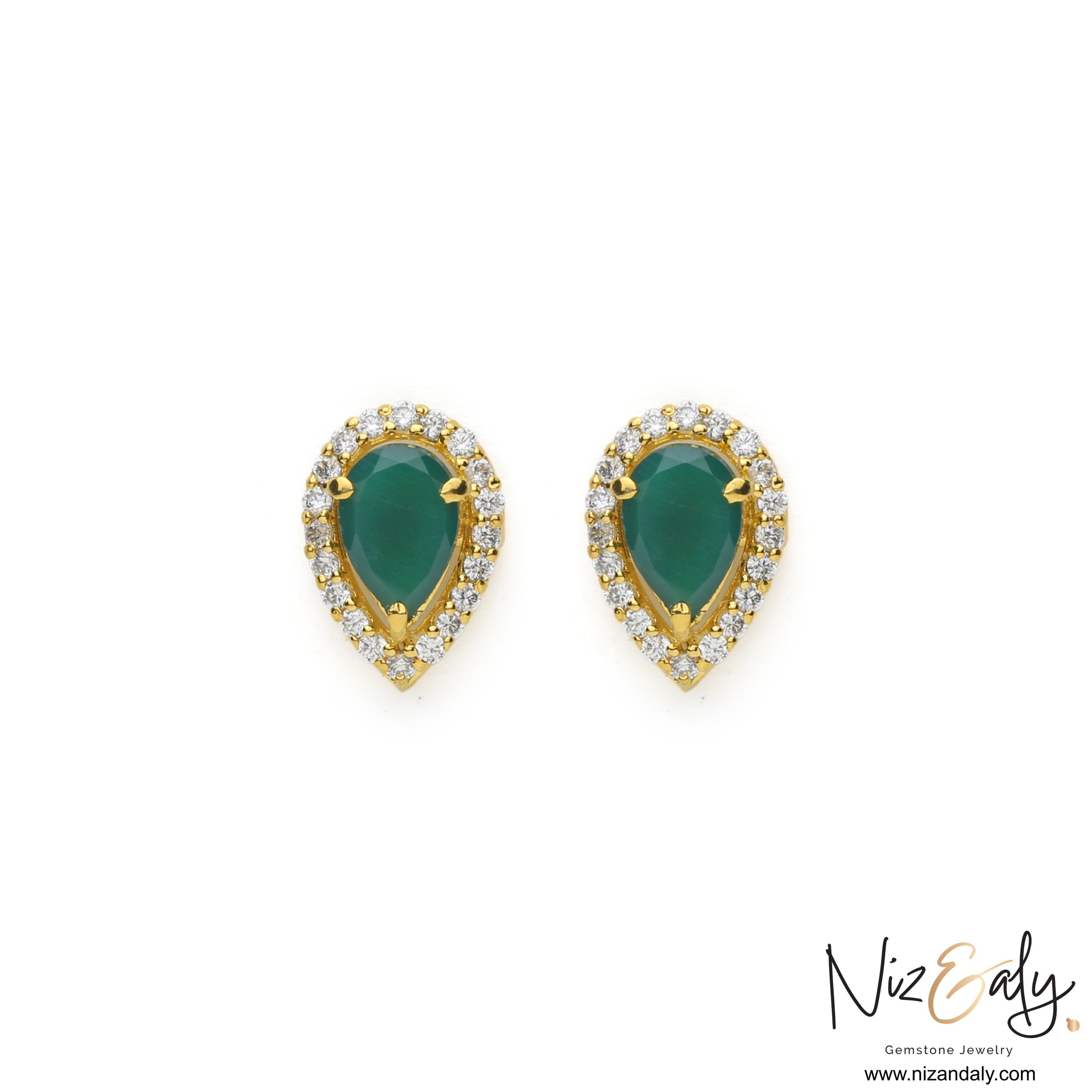 Niz & Aly teardrop emerald earrings in gold-plated sterling silver with a halo of shimmering accent stones.
