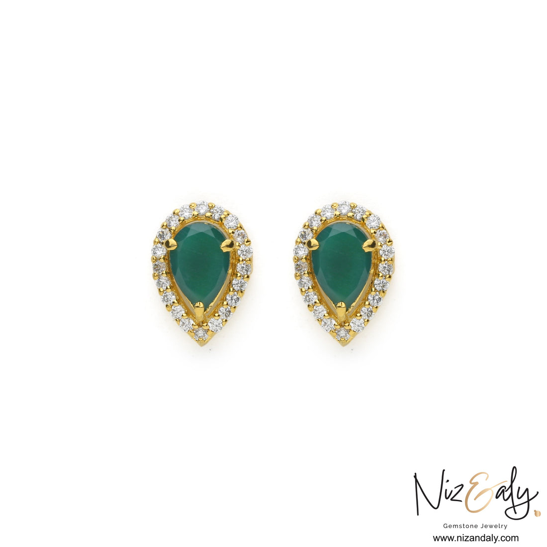 Niz & Aly teardrop emerald earrings in gold-plated sterling silver with a halo of shimmering accent stones.