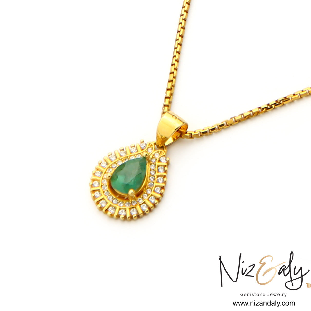 Niz & Aly teardrop natural emerald pendant necklace in gold-plated sterling silver with sparkling clear stone halos