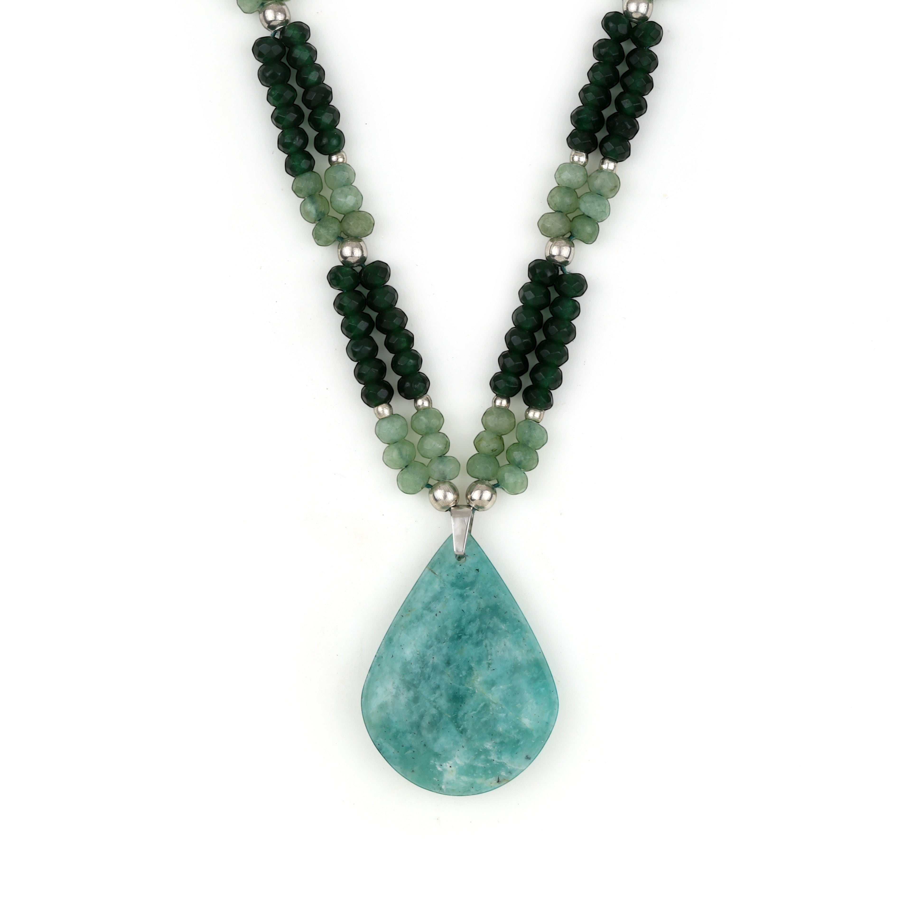 Niz & Aly necklace featuring a large teardrop turquoise gemstone pendant with green beaded strands and silver accents.