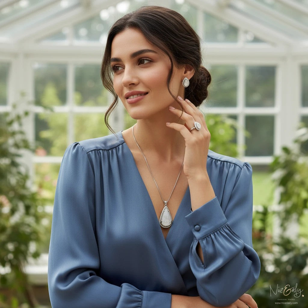 Niz & Aly teardrop blue flash moonstone pendant set worn by a woman in a blue blouse inside a greenhouse.