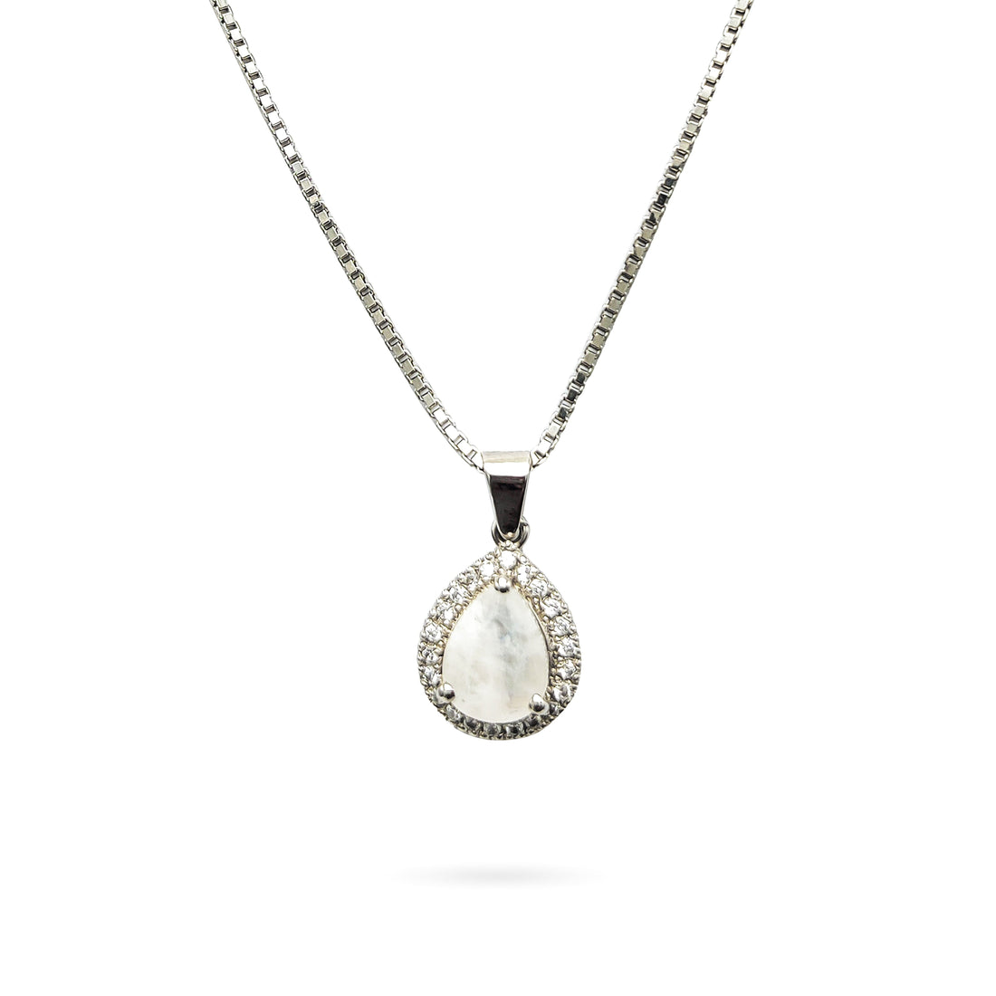 Niz & Aly teardrop moonstone pendant with a blue flash, surrounded by a halo of small crystals on a silver chain.
