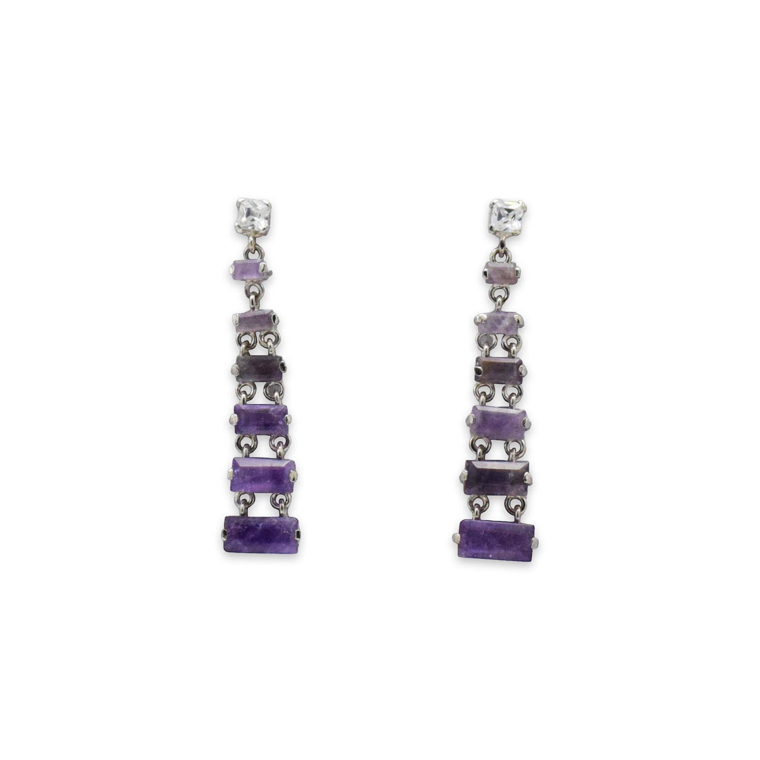 Niz & Aly tiered rectangle amethyst drop earrings featuring layered purple gemstones in a modern silver setting.