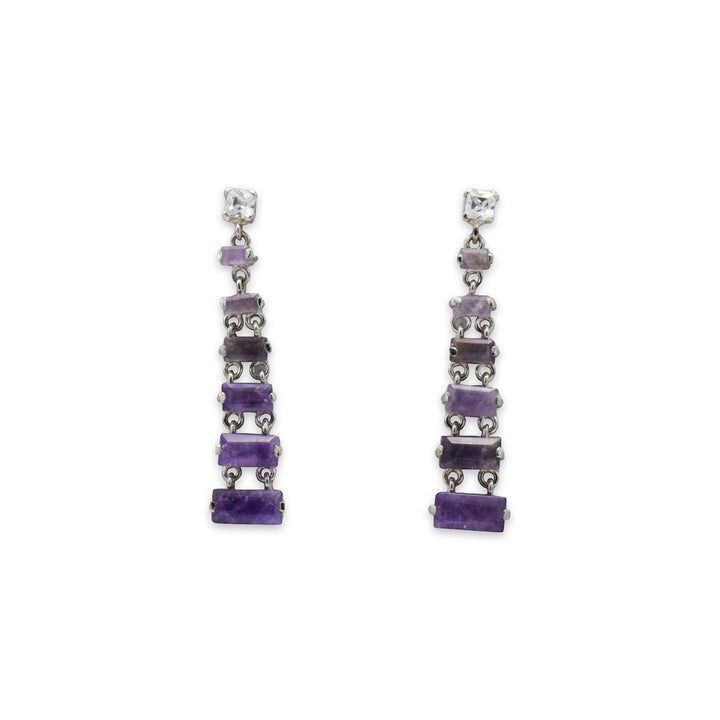 Niz & Aly tiered rectangle amethyst drop earrings featuring layered purple gemstones in a modern silver setting.