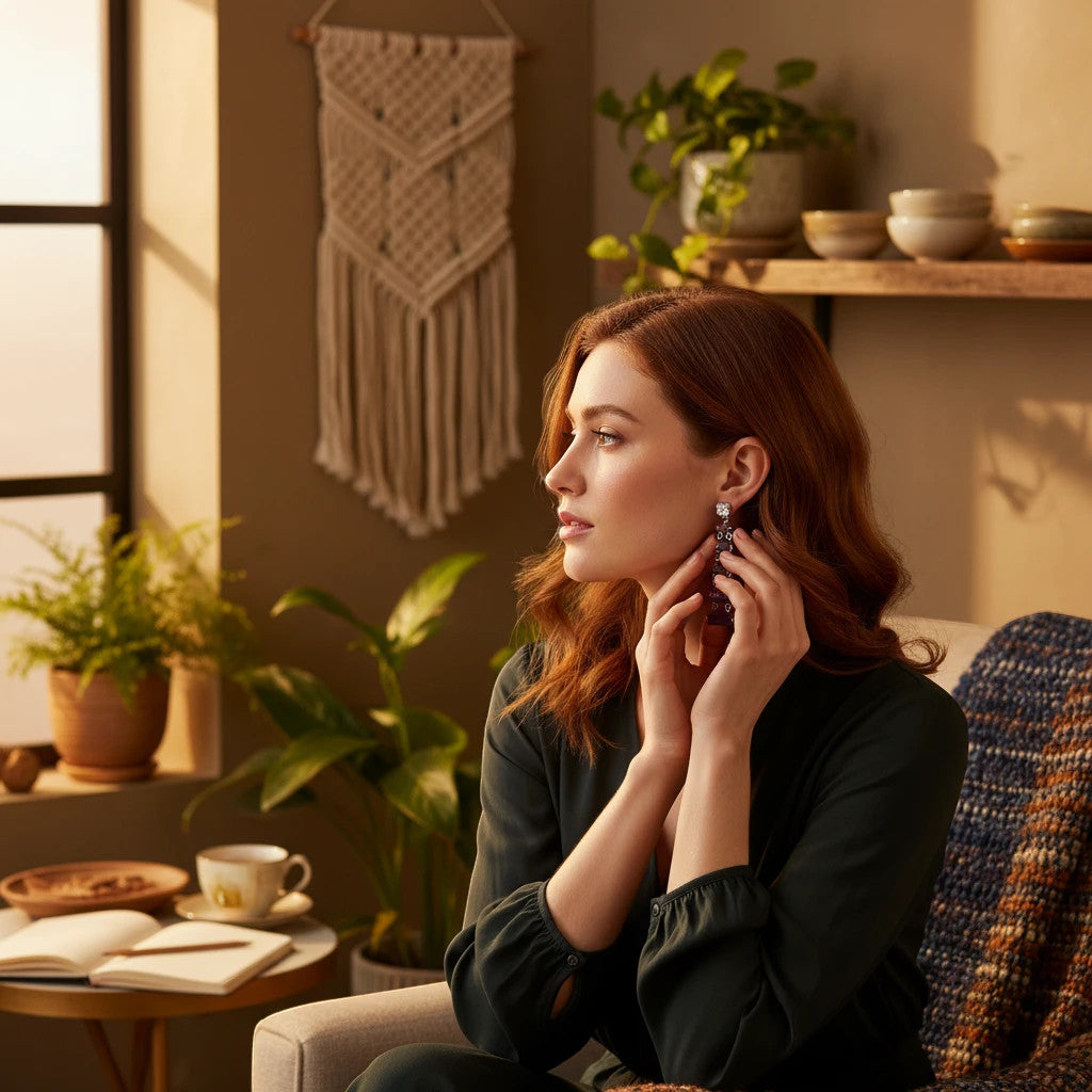 Niz & Aly tiered rectangle amethyst drop earrings worn by a woman in a cozy, sunlit living room setting.