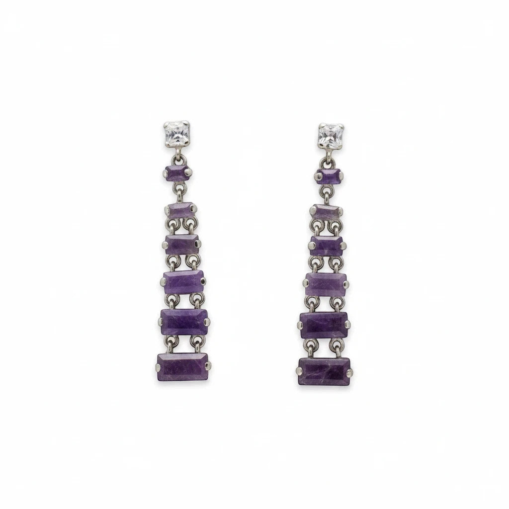 Niz & Aly tiered rectangle amethyst drop earrings featuring layered purple gemstones and clear crystal accents.