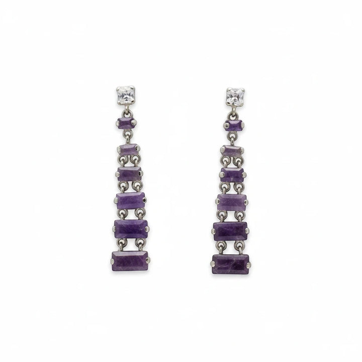 Niz & Aly tiered rectangle amethyst drop earrings featuring layered purple gemstones and clear crystal accents.