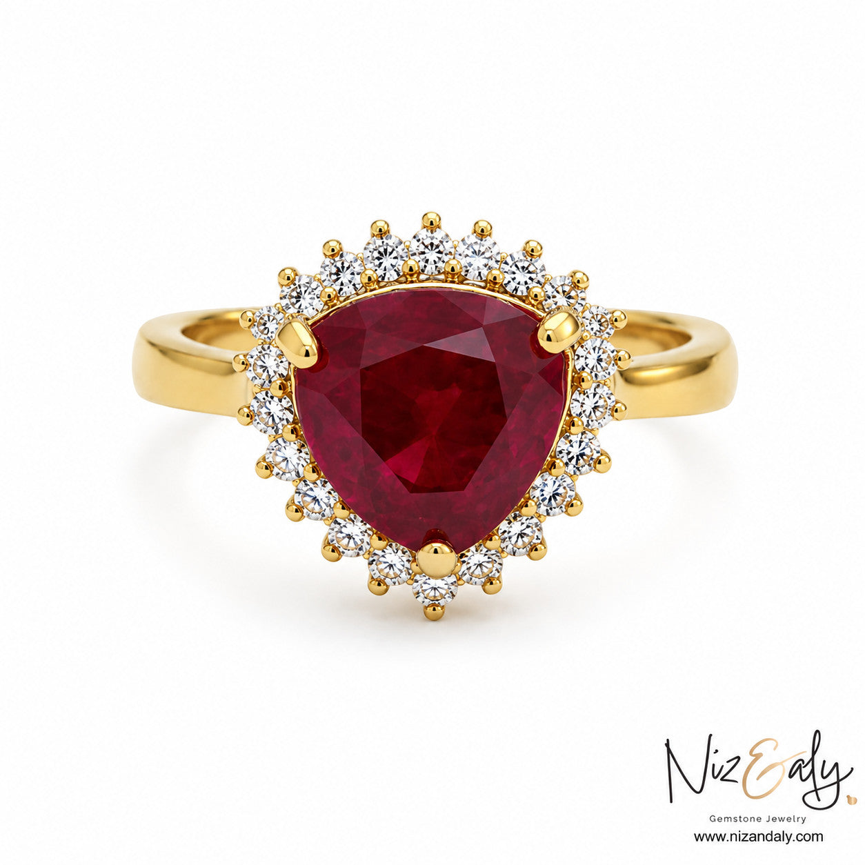 Niz & Aly trillion cut natural ruby ring with a diamond halo set in polished yellow gold for elegant everyday wear.