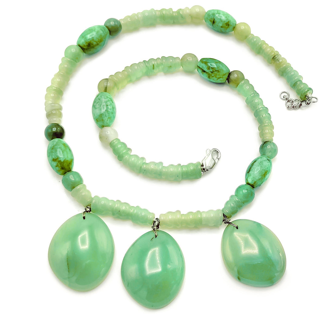 Niz & Aly triple charm aventurine necklace featuring polished green gemstone pendants on a beaded strand.