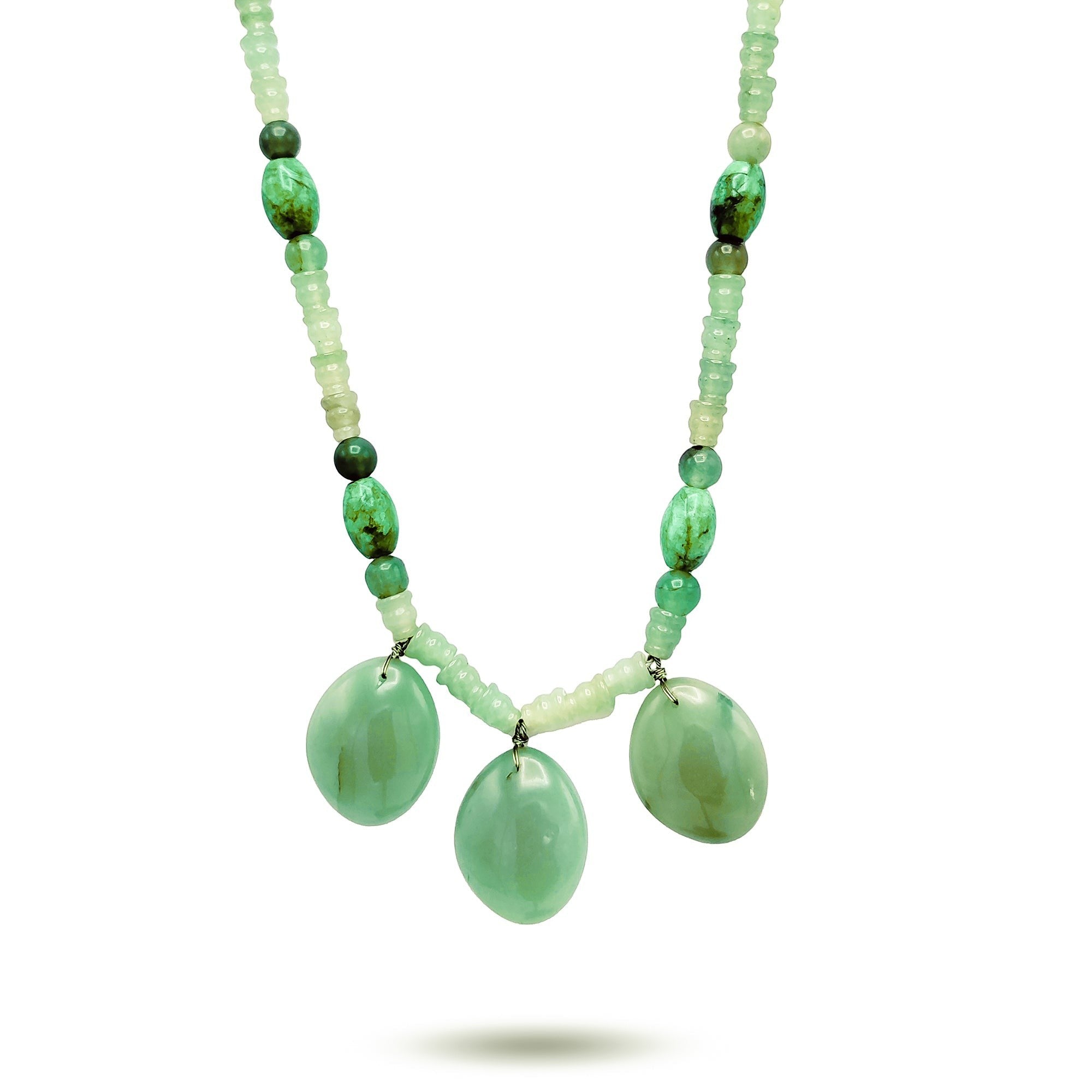 Niz & Aly Triple Charm Aventurine Necklace featuring three polished green gemstone pendants on a beaded chain.