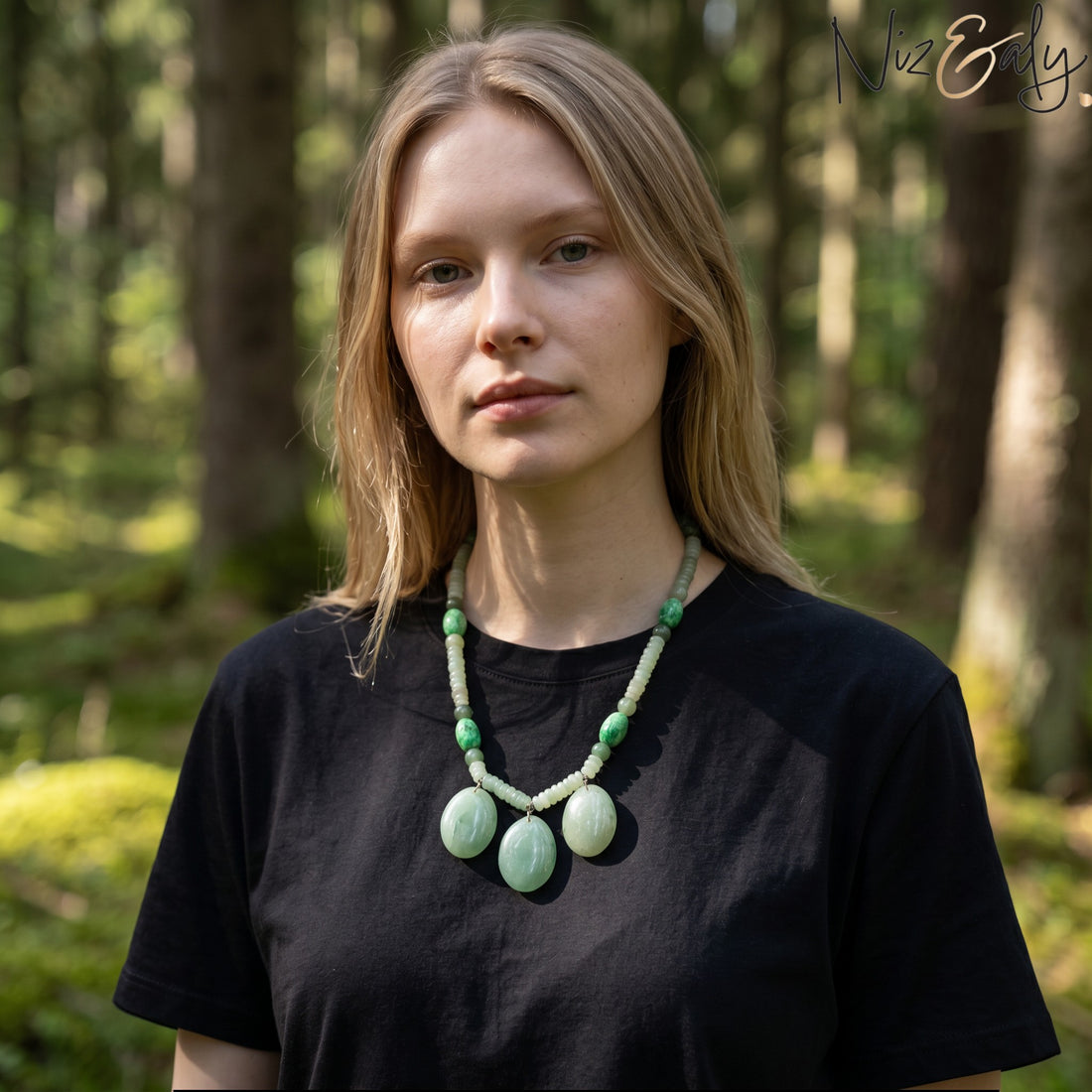 A woman wearing a Niz & Aly triple charm green aventurine necklace with polished gemstone pendants in a forest setting.