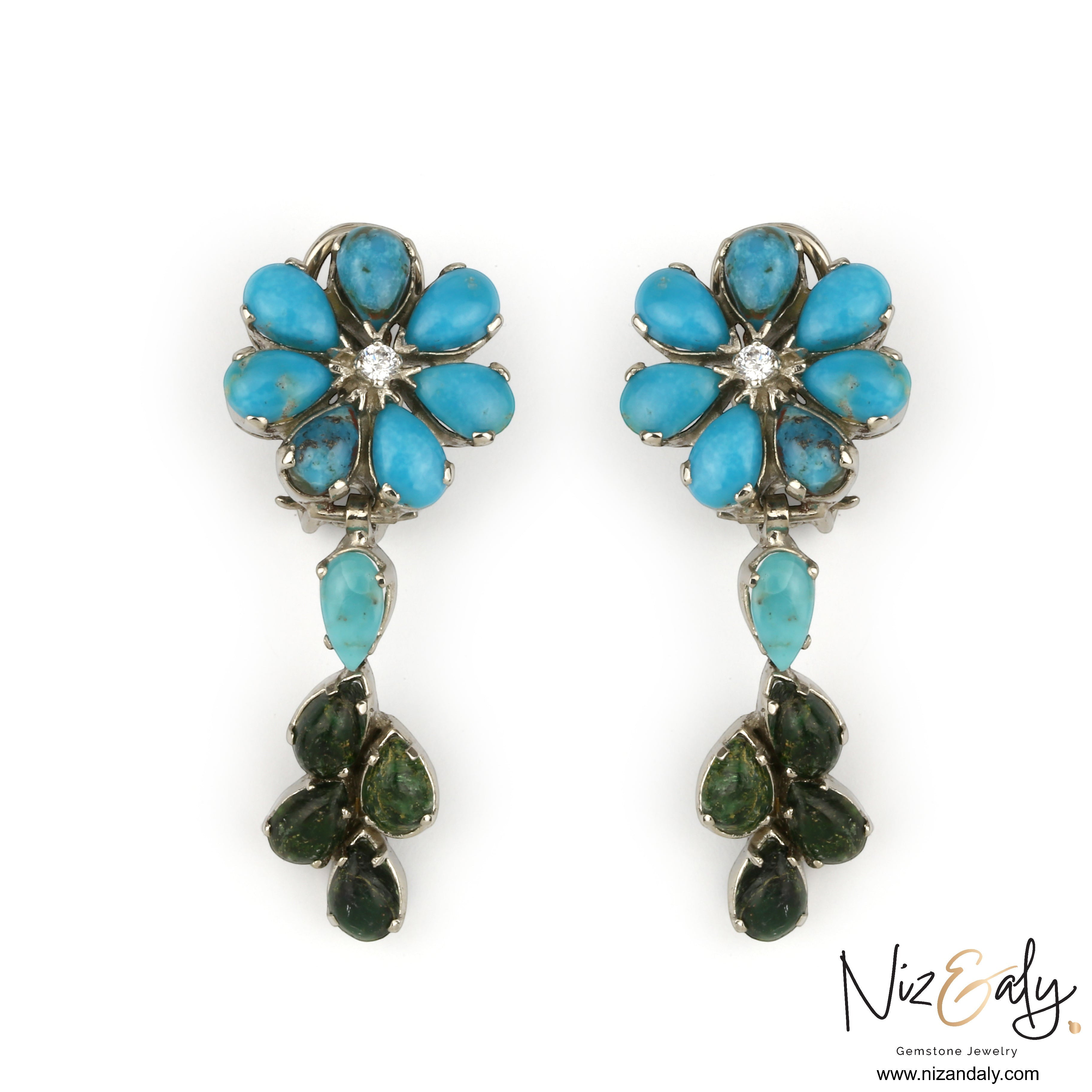 Niz & Aly turquoise and green leaf chandelier earrings featuring a floral design with a central diamond accent.