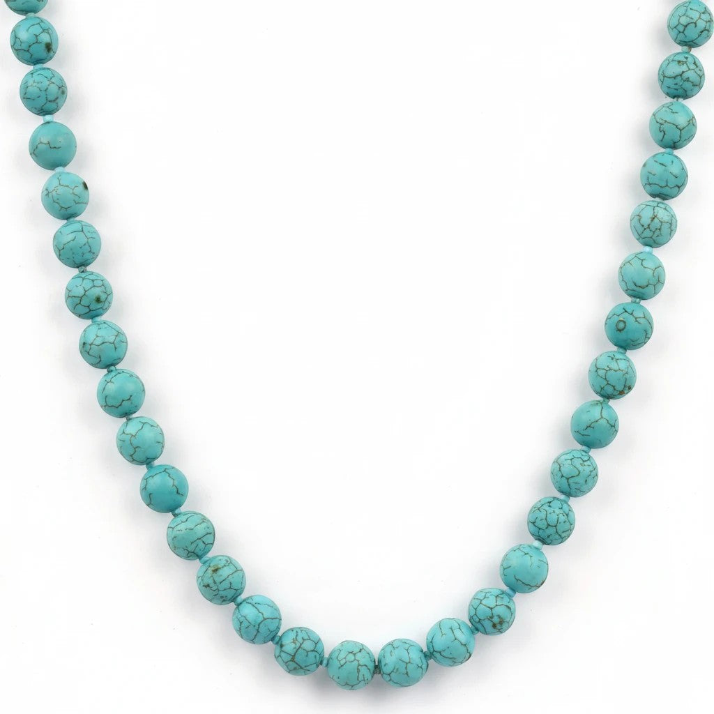 Niz & Aly turquoise howlite beaded necklace featuring round sky-blue marbled beads with natural dark veining.