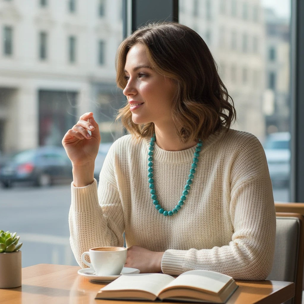 Niz & Aly turquoise howlite beaded necklace worn by a woman in a cream sweater sitting at a cafe table.