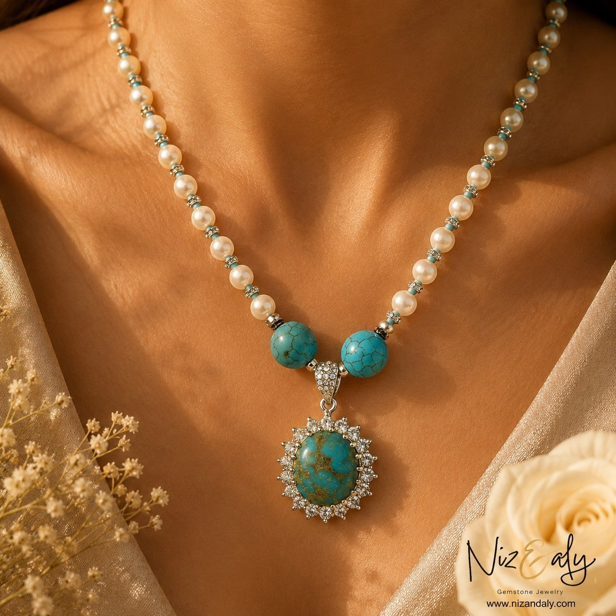 Niz & Aly necklace featuring a Kingman turquoise pendant with silver detail, accented by white pearls and turquoise.