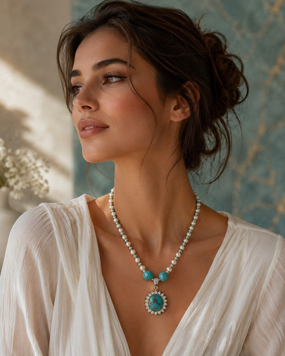 Niz & Aly Kingman turquoise and pearl necklace with an ornate silver pendant worn by a woman in a white blouse.