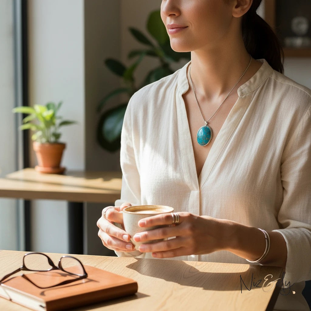 Niz & Aly turquoise pendant necklace with pyrite accents worn by a woman holding a coffee cup in a bright cafe.