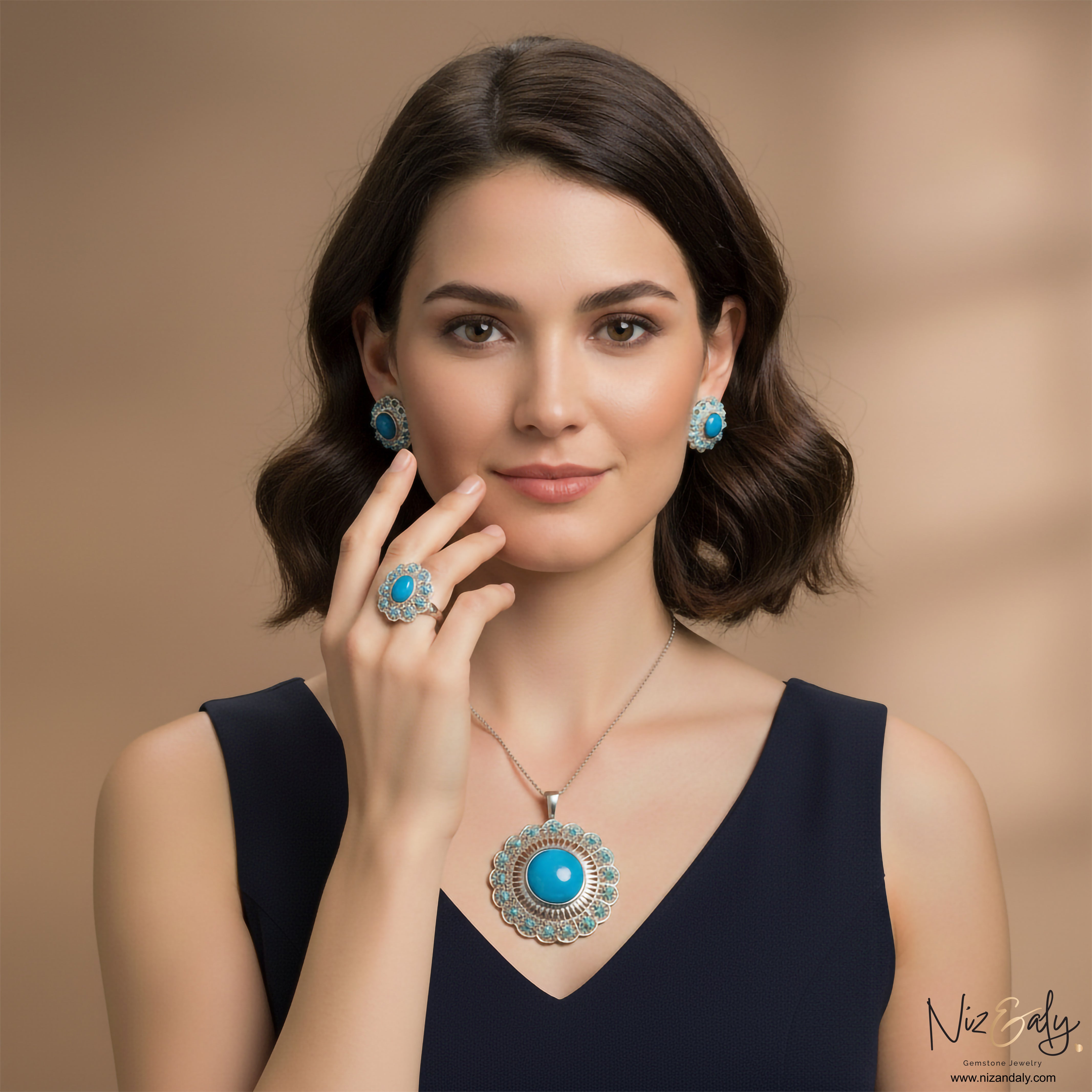 Niz & Aly sterling silver turquoise jewelry set featuring a floral pendant, matching earrings, and a statement ring.