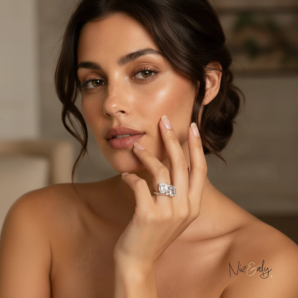 Niz & Aly twin clear quartz ring in polished silver worn by a woman with a natural makeup look