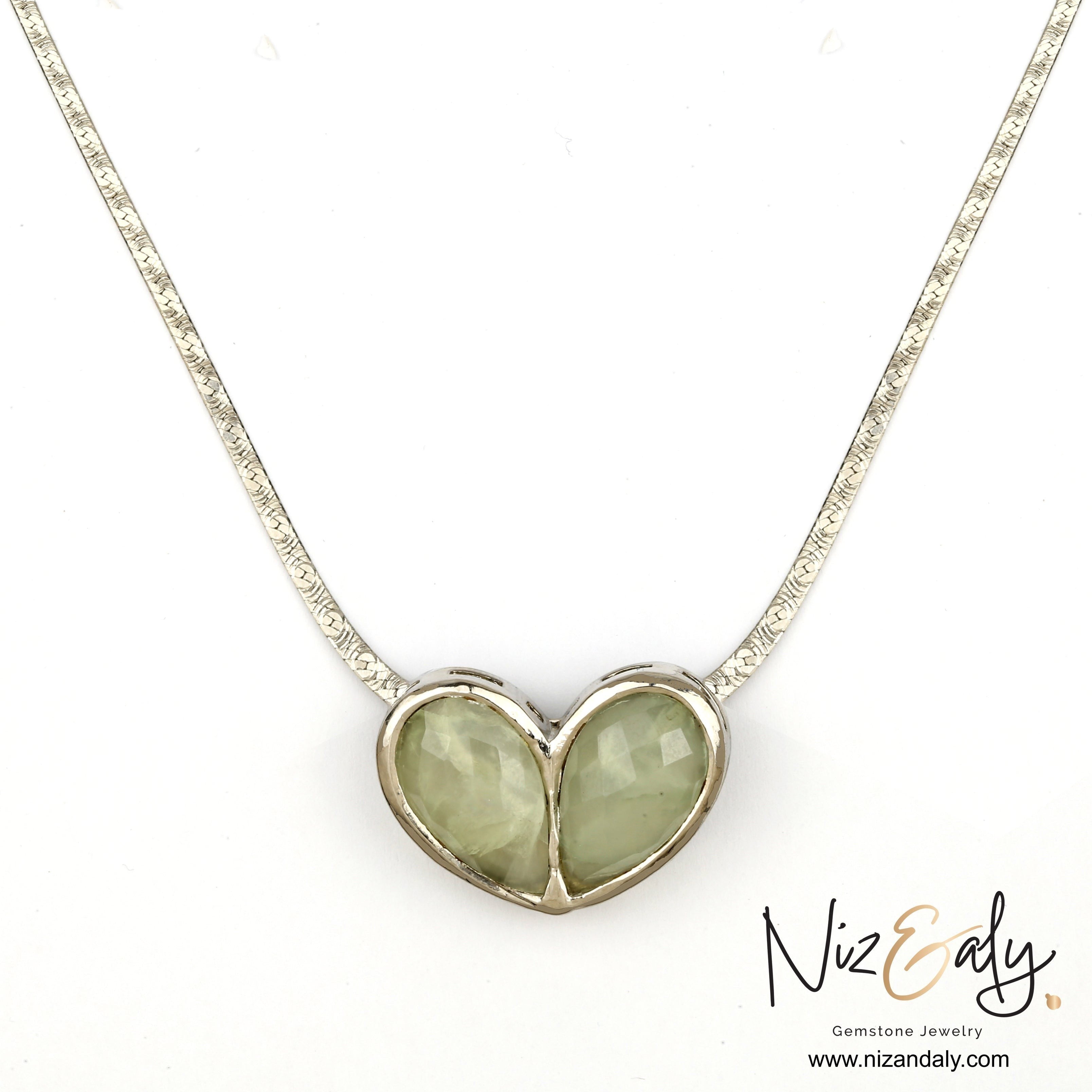 Niz & Aly twin heart prehnite pendant necklace with translucent green gemstones on a silver chain