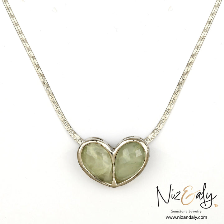 Niz & Aly twin heart prehnite pendant necklace with translucent green gemstones on a silver chain