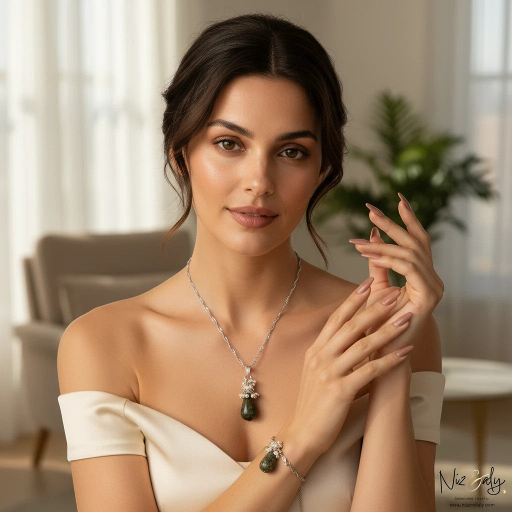 Niz & Aly unakite jasper and freshwater pearl drop pendant necklace worn by a woman in an off-shoulder dress