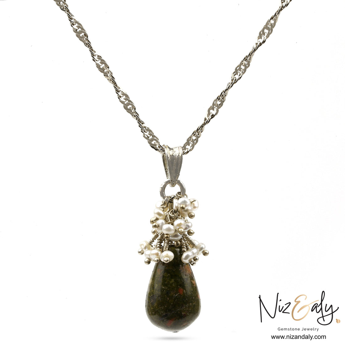 Niz & Aly pendant necklace featuring a teardrop unakite jasper gemstone accented with a cluster of tiny freshwater pearls.