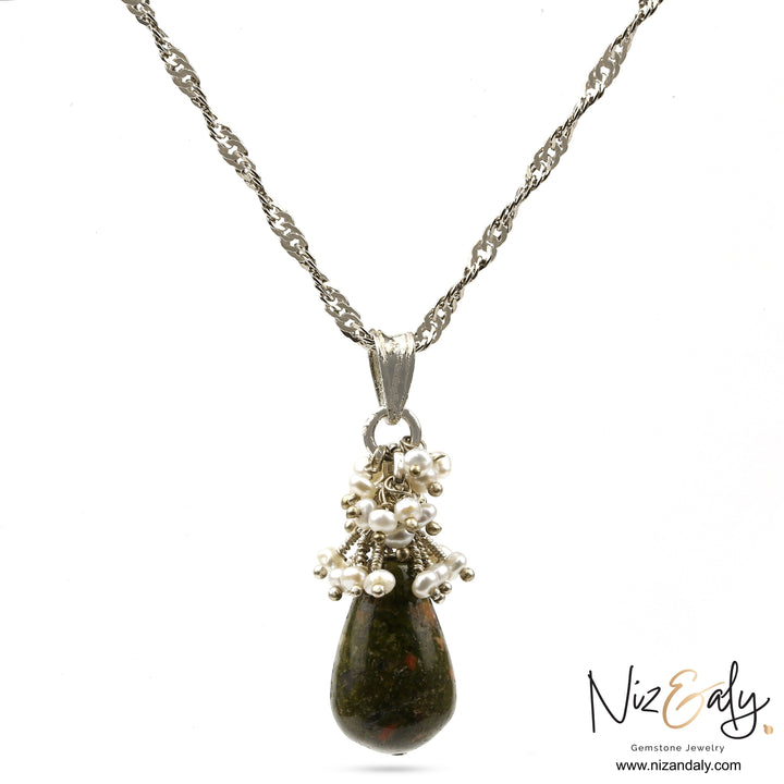 Niz & Aly pendant necklace featuring a teardrop unakite jasper gemstone accented with a cluster of tiny freshwater pearls.