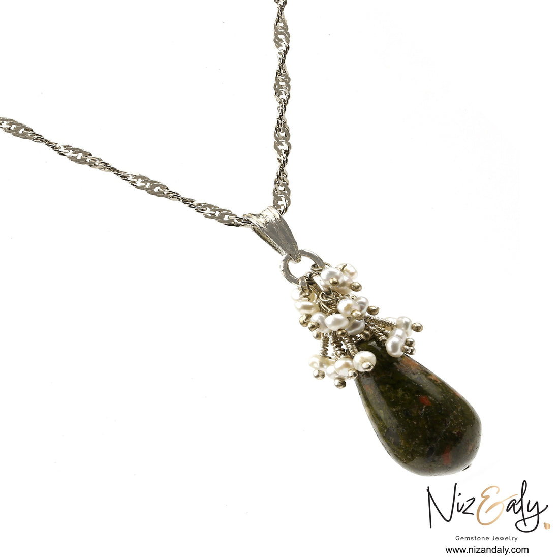 Niz & Aly unakite jasper pendant necklace with a cluster of dainty freshwater pearl drops on a silver chain