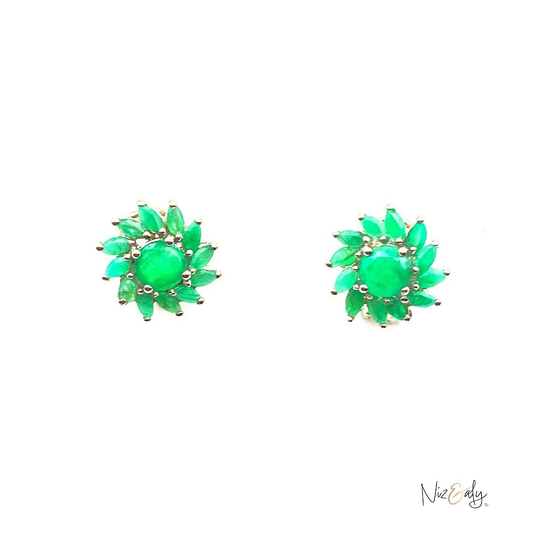 Niz & Aly vintage-style stud earrings featuring a central round green emerald surrounded by marquise-cut emerald petals.