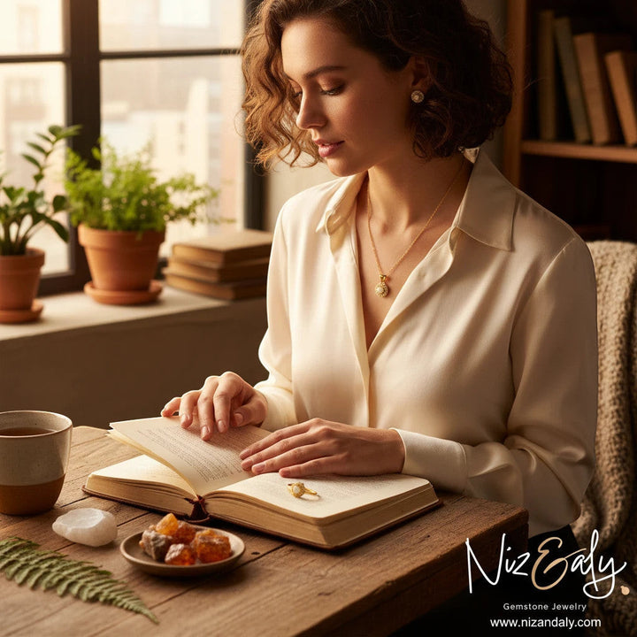 Niz & Aly Opalea jewelry set featuring a white opal necklace, stud earrings, and ring worn by a woman reading a book.