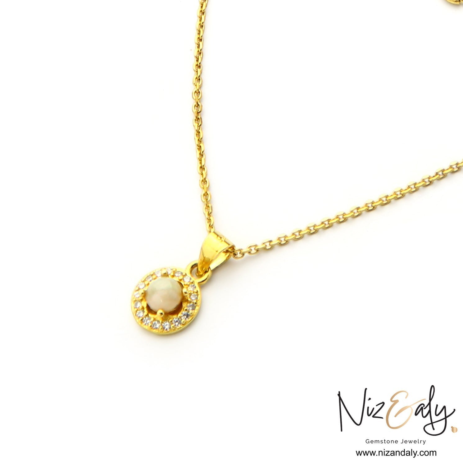 Niz & Aly dainty round white Australian opal pendant necklace with a sparkling halo on a gold chain.